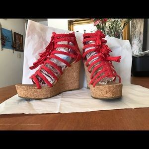JustFab Red Fringe Cork Wedges
